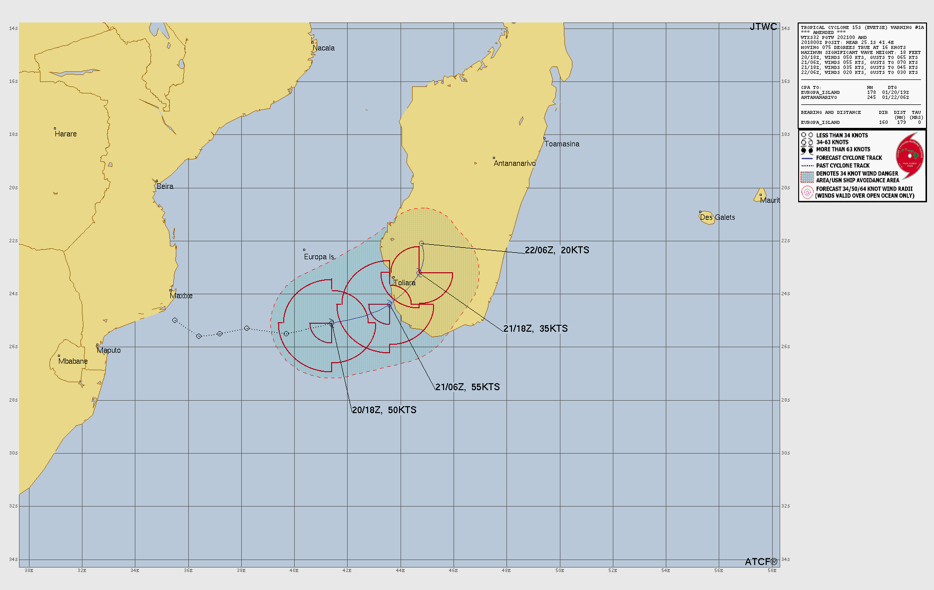 Official forecast cone for Tropical Storm EWETSE