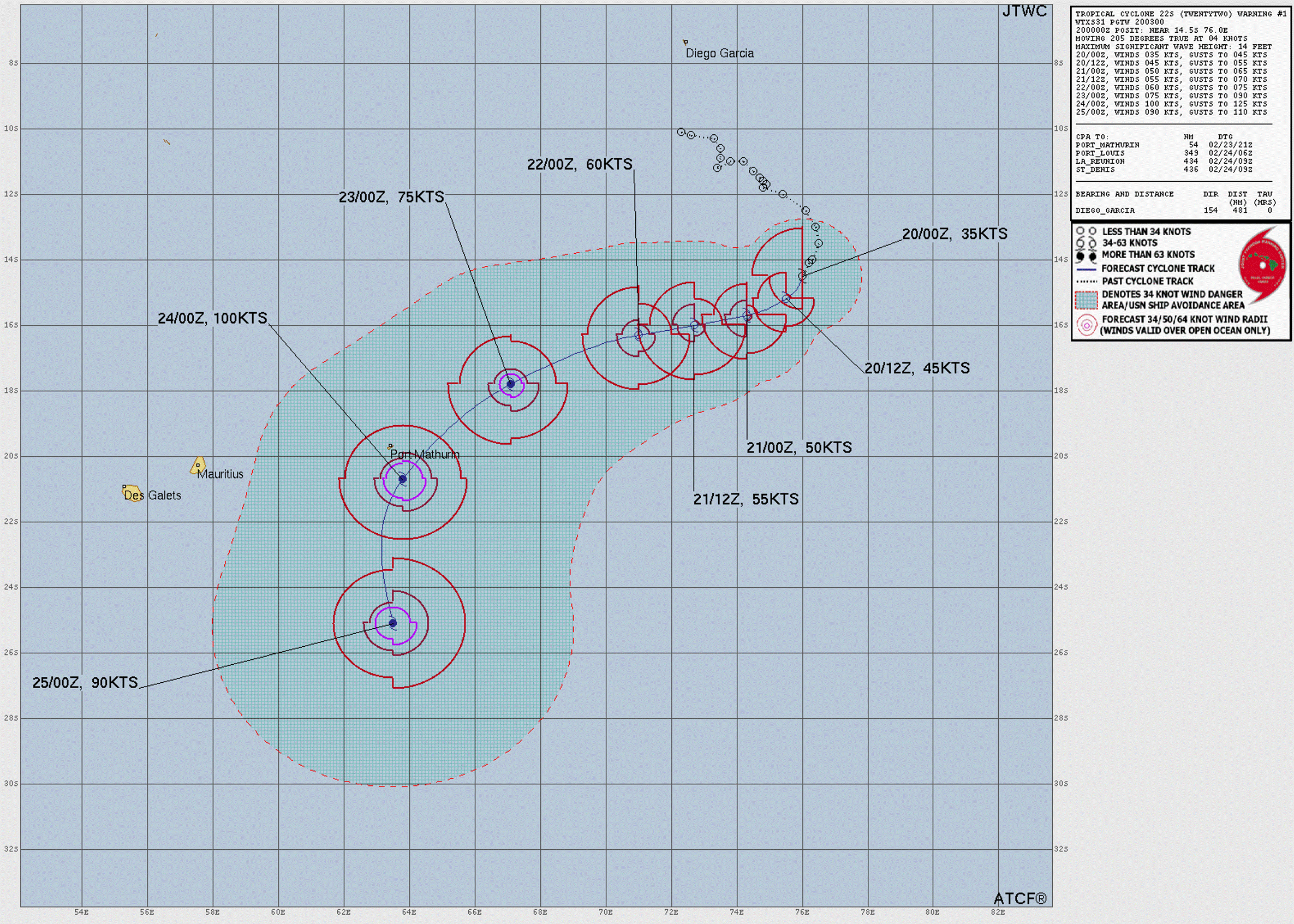 Official forecast cone for Tropical Storm TWENTYTWO