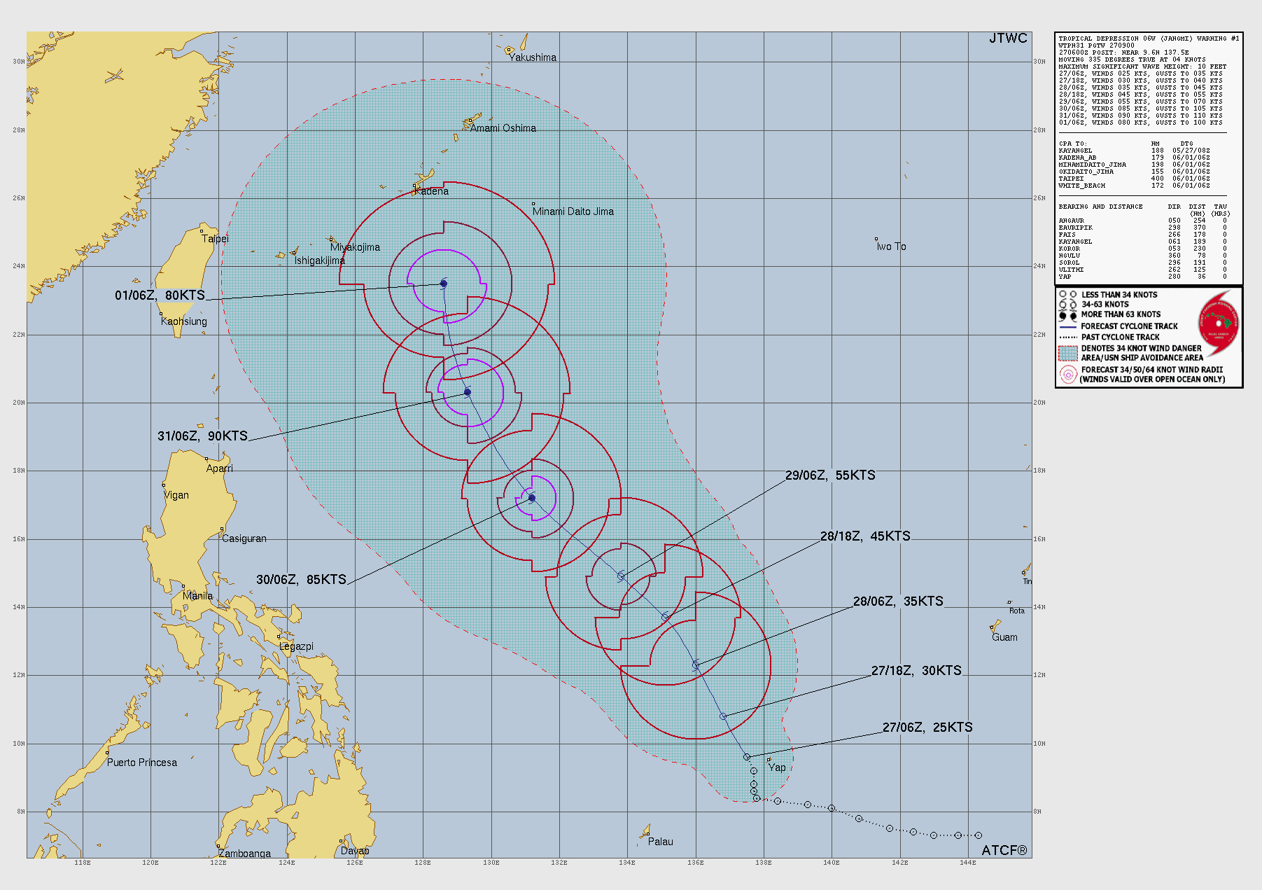 Official forecast cone for Tropical Depression JANGMI
