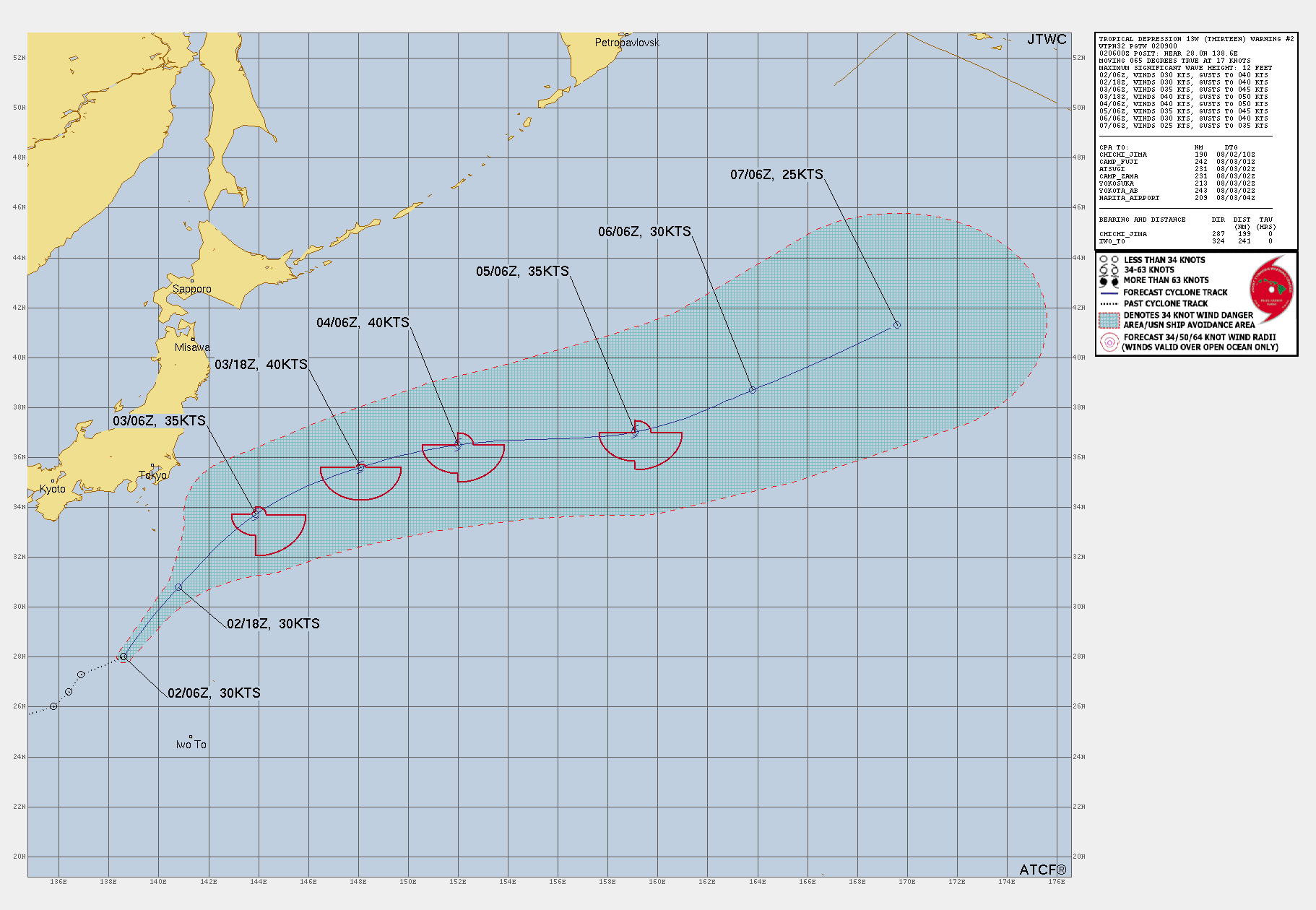 Official forecast cone for Tropical Depression THIRTEEN